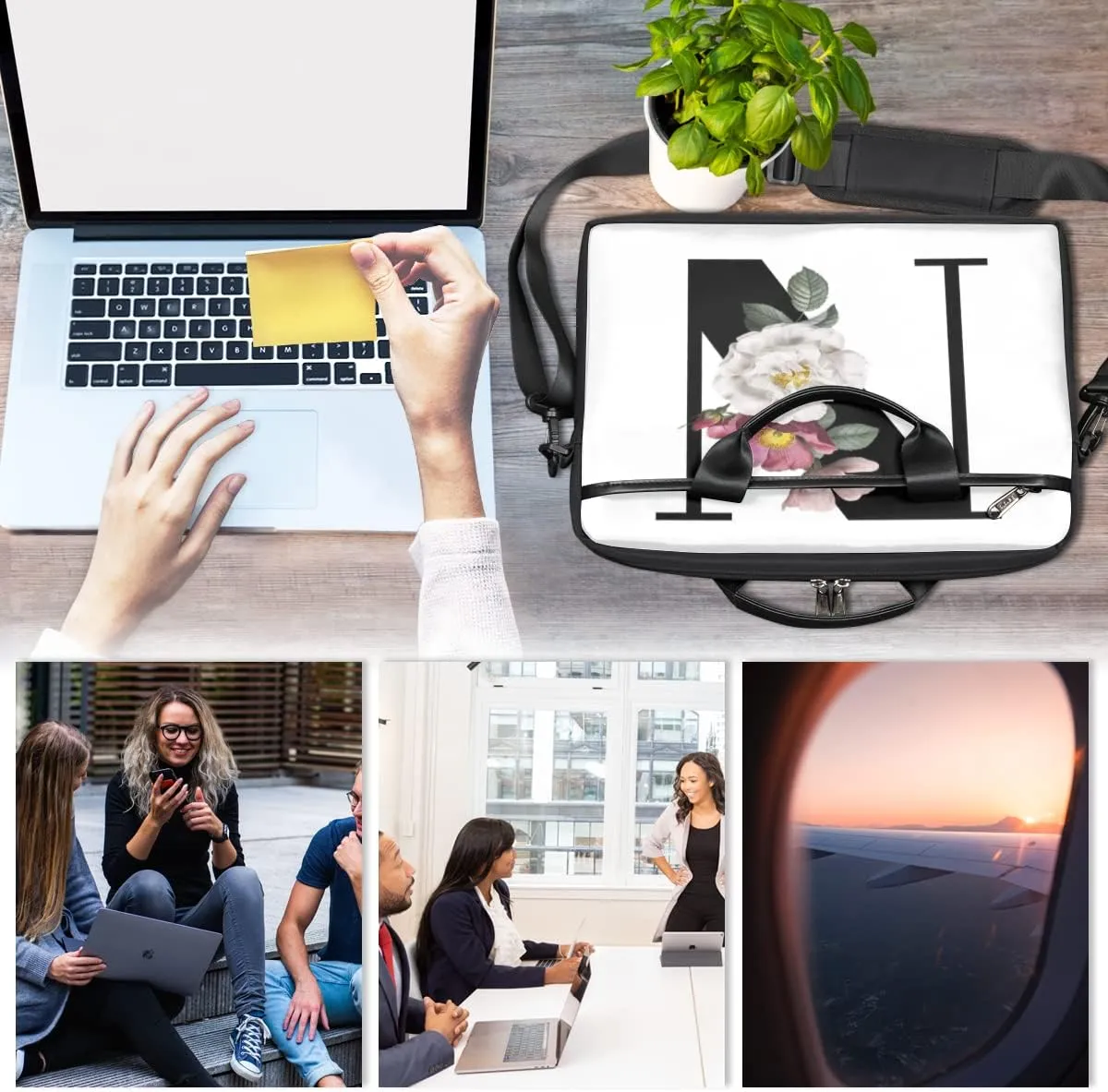 Floral N Letter Laptop Shoulder Messenger Bag Waterproof Laptop Briefcase with Handle and Padded Strap Case Sleeve