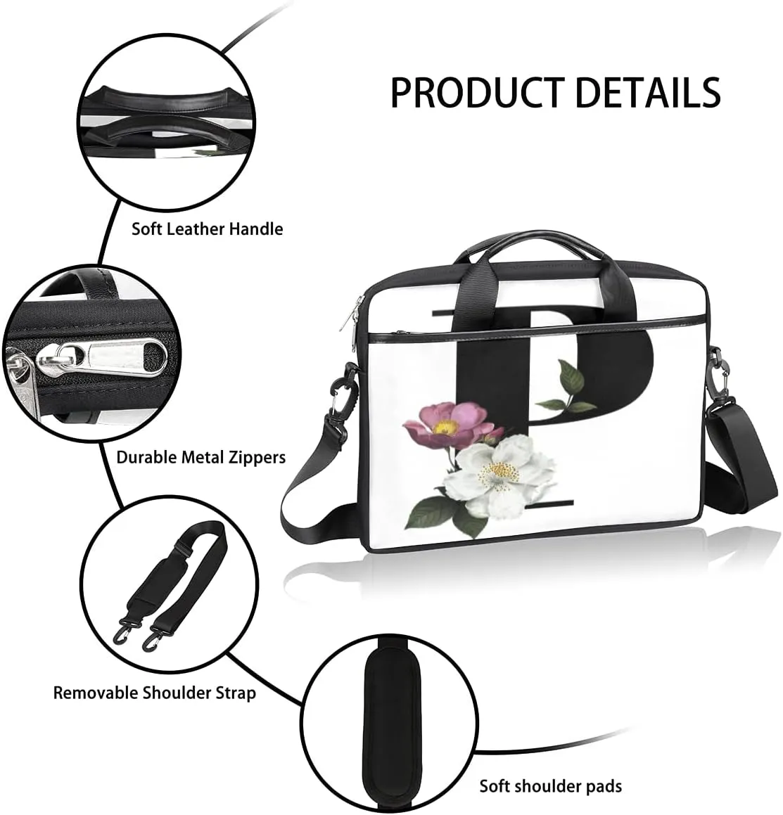 Floral N Letter Laptop Shoulder Messenger Bag Waterproof Laptop Briefcase with Handle and Padded Strap Case Sleeve