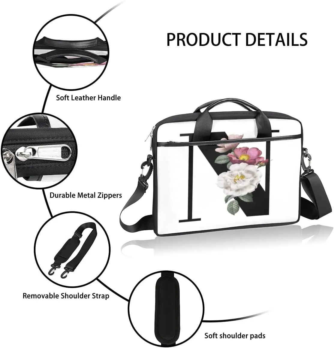 Floral N Letter Laptop Shoulder Messenger Bag Waterproof Laptop Briefcase with Handle and Padded Strap Case Sleeve