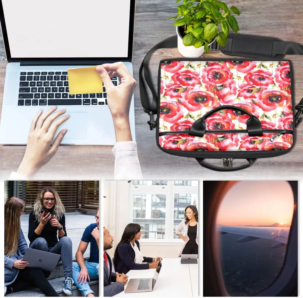 Flowers Camellia Laptop Shoulder Messenger Bag Waterproof Laptop Briefcase Handle Padded Strap