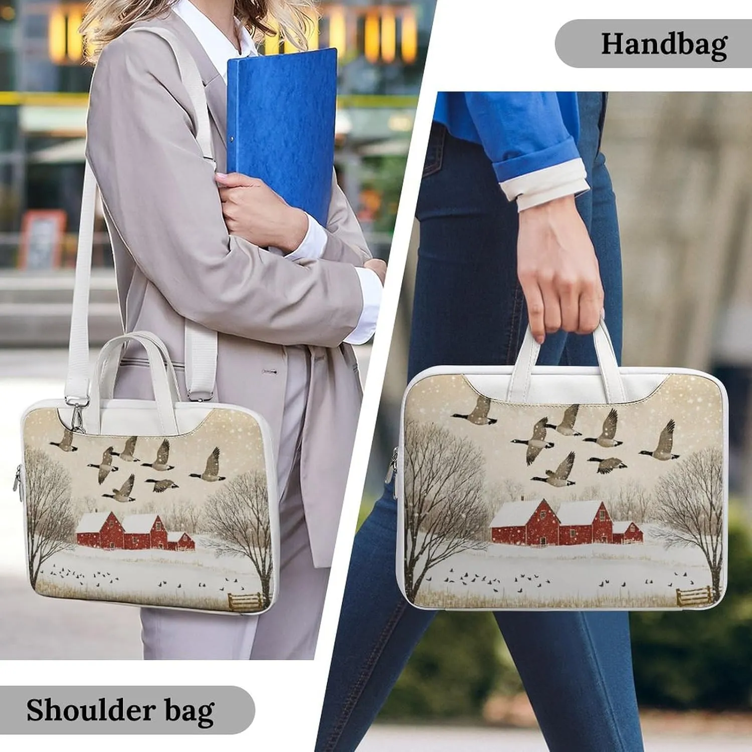 Flying Geese Snow Red House Leather Bag Laptop Case Slim Water Resistant Computer Bags with Handle Briefcase for Work