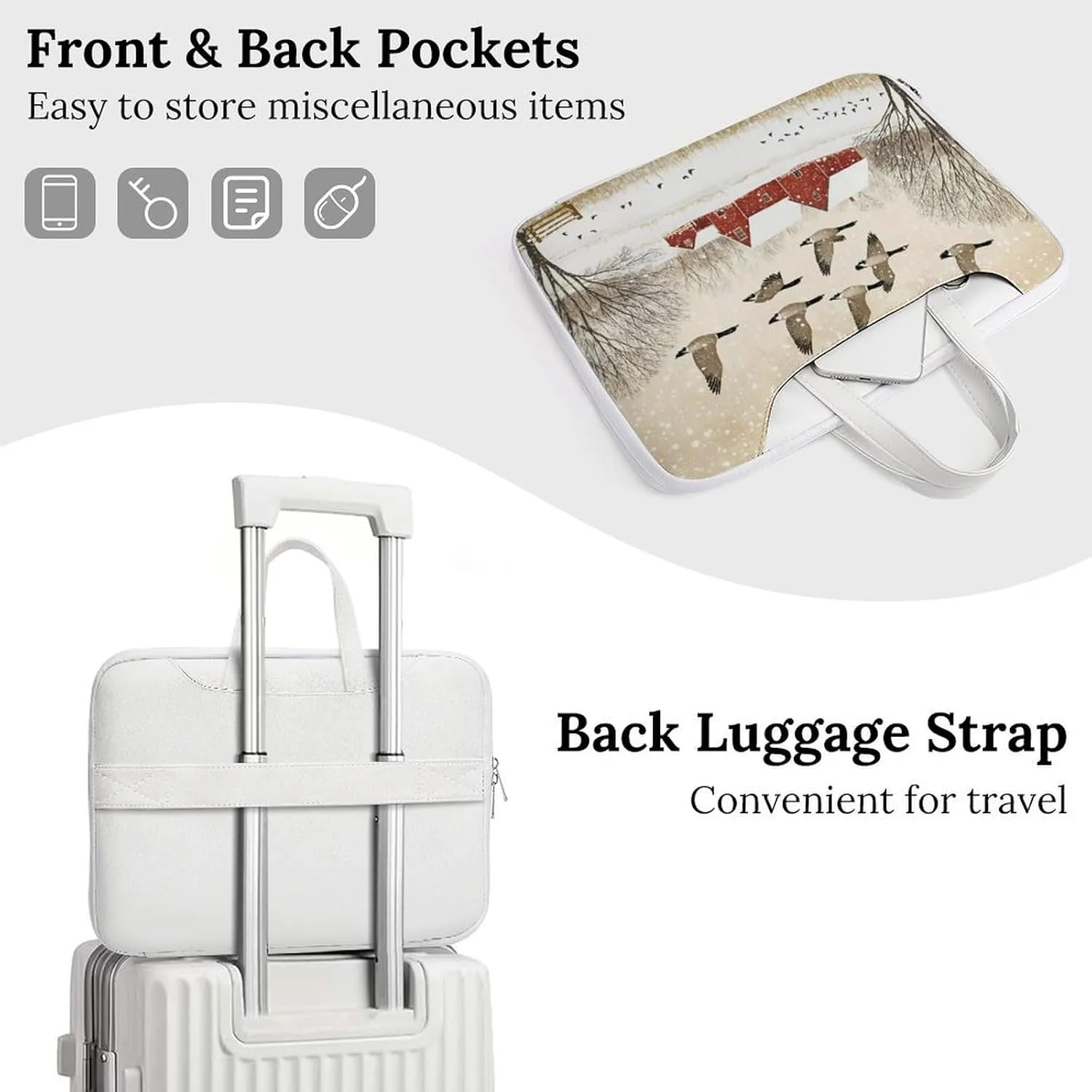 Flying Geese Snow Red House Leather Bag Laptop Case Slim Water Resistant Computer Bags with Handle Briefcase for Work