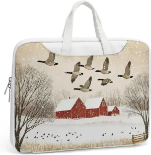 Flying Geese Snow Red House Leather Bag Laptop Case Slim Water Resistant Computer Bags with Handle Briefcase for Work