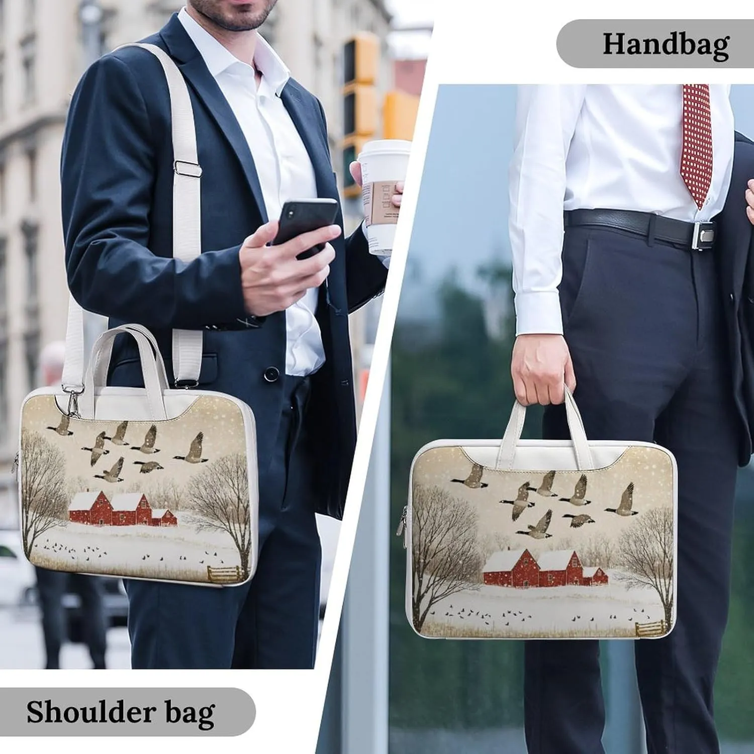 Flying Geese Snow Red House Leather Bag Laptop Case Slim Water Resistant Computer Bags with Handle Briefcase for Work