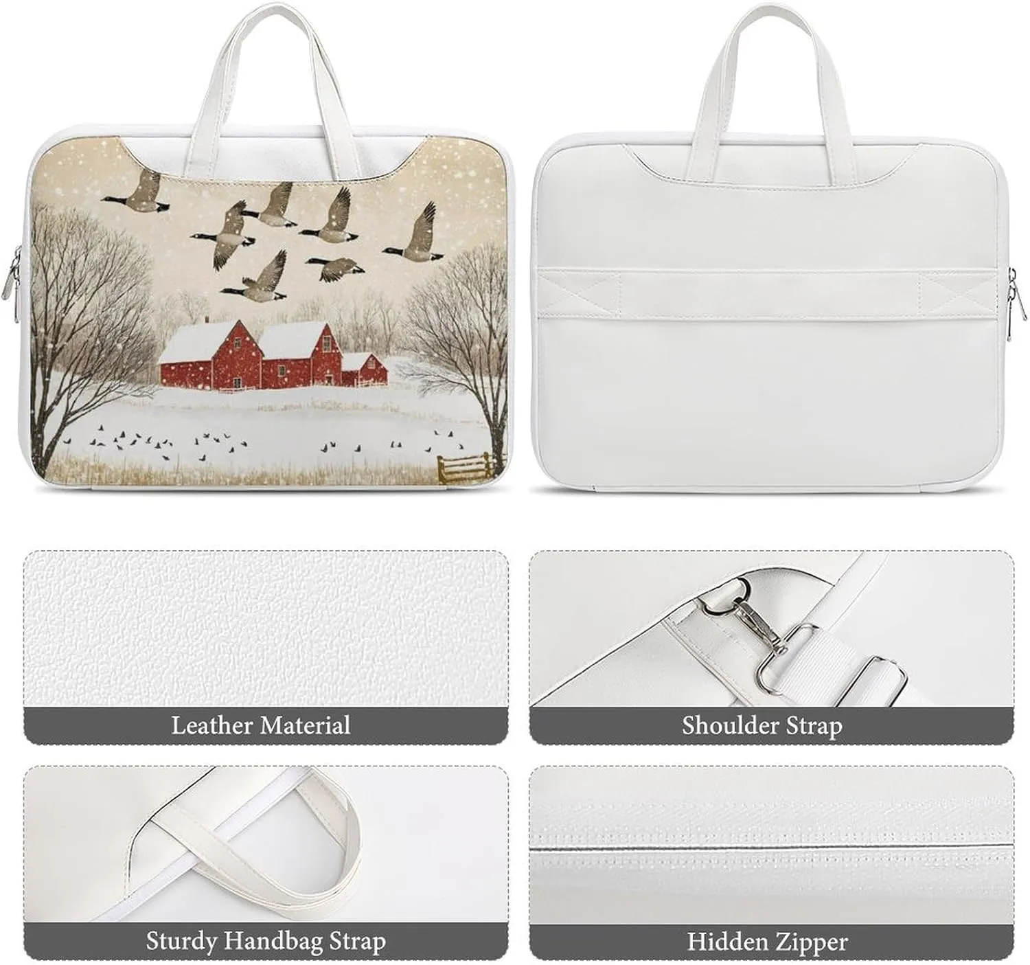 Flying Geese Snow Red House Leather Bag Laptop Case Slim Water Resistant Computer Bags with Handle Briefcase for Work