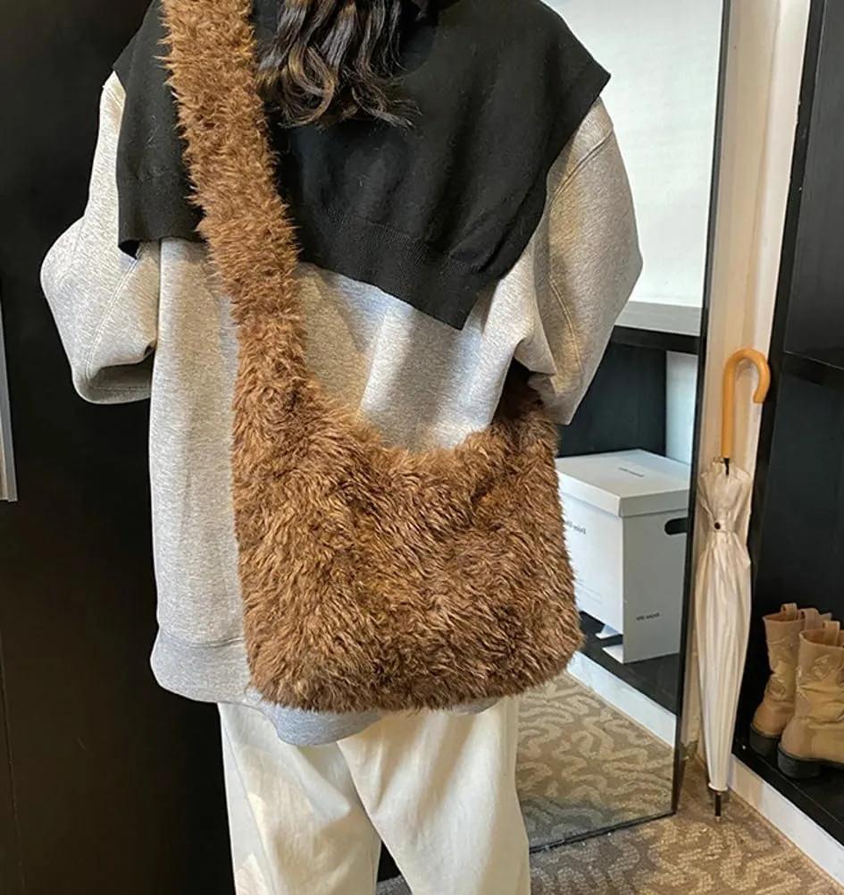 Fuzzy Tote Bags for Women Slouchy Hobo Bags for Women Faux Fur Shoulder Bag Trendy Purse Satchel Handbag Crossbody Bag