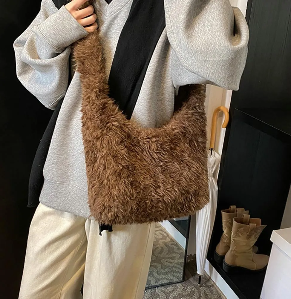 Fuzzy Tote Bags for Women Slouchy Hobo Bags for Women Faux Fur Shoulder Bag Trendy Purse Satchel Handbag Crossbody Bag