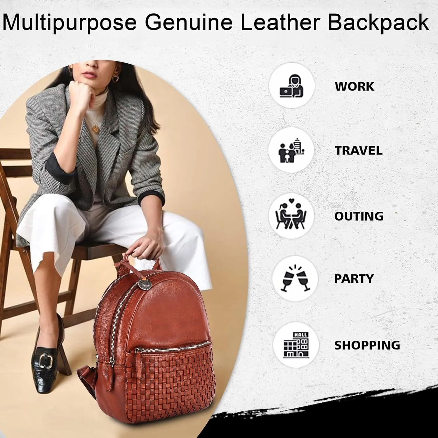 Genuine Leather Backpack for Men, Casual Backpack for Women Office Bag with Adjustable Shoulder Strap (VL-054-COGNAC)