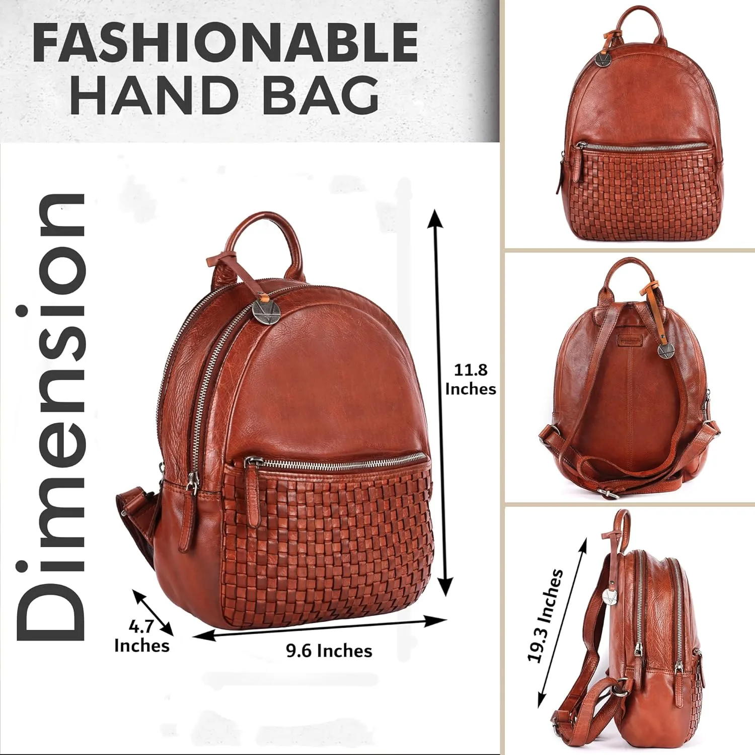 Genuine Leather Backpack for Men, Casual Backpack for Women Office Bag with Adjustable Shoulder Strap (VL-054-COGNAC)