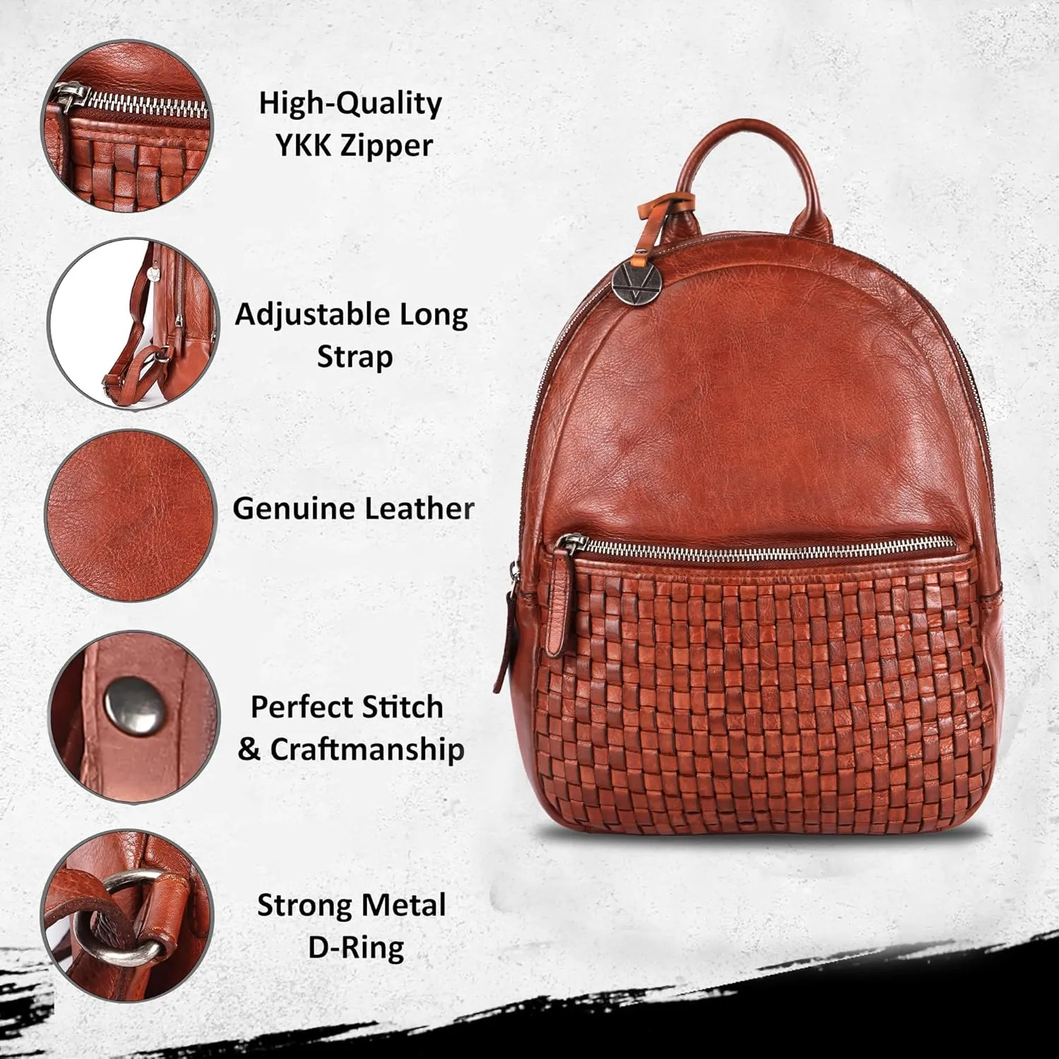 Genuine Leather Backpack for Men, Casual Backpack for Women Office Bag with Adjustable Shoulder Strap (VL-054-COGNAC)