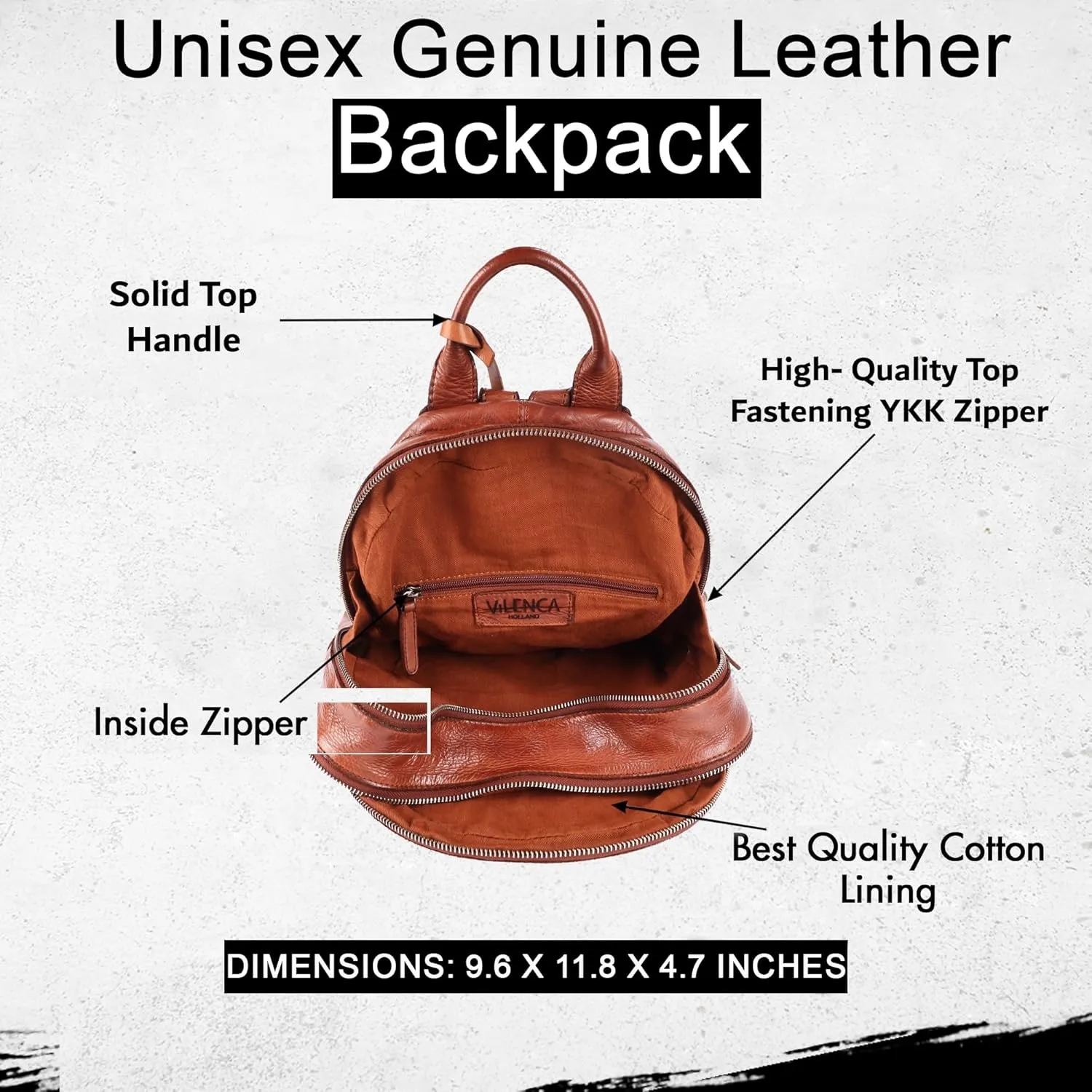 Genuine Leather Backpack for Men, Casual Backpack for Women Office Bag with Adjustable Shoulder Strap (VL-054-COGNAC)