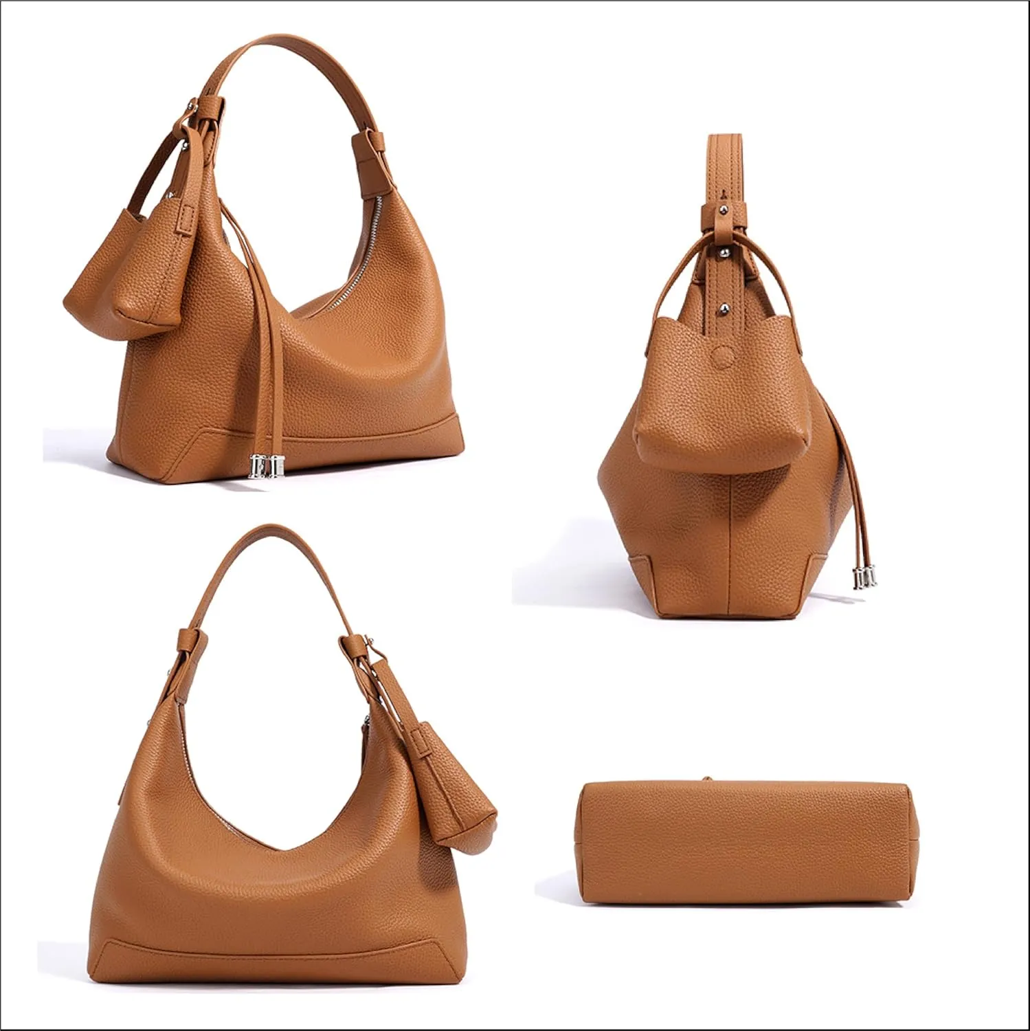 Genuine Leather Shoulder Bags for Women, Cute Hobo Purse with Mini Pouch Two Removable Straps Work Travel