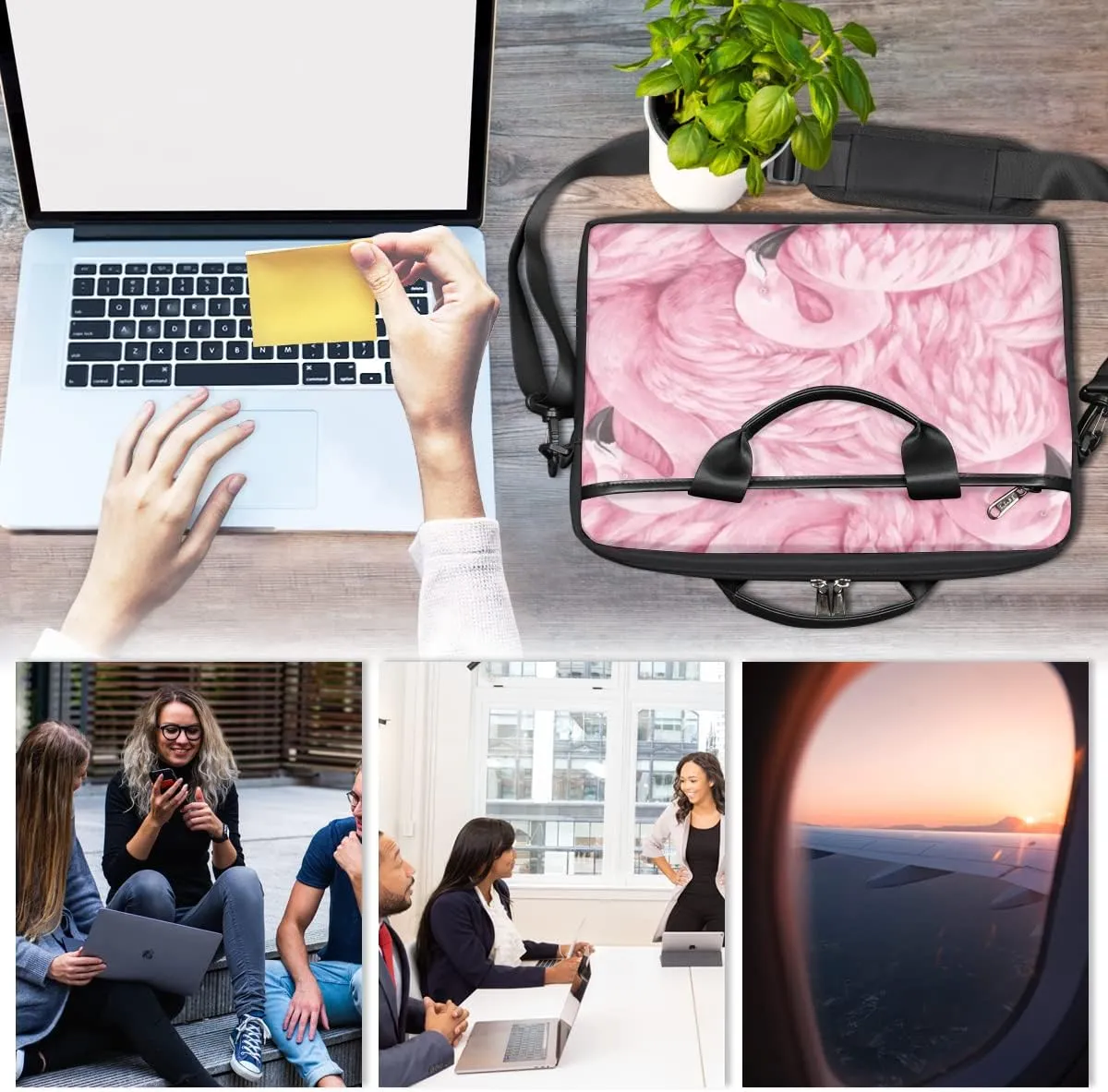 Geometric Flamingo Laptop Shoulder Messenger Bag Waterproof Laptop Briefcase with Handle and Padded Strap Case Sleeve