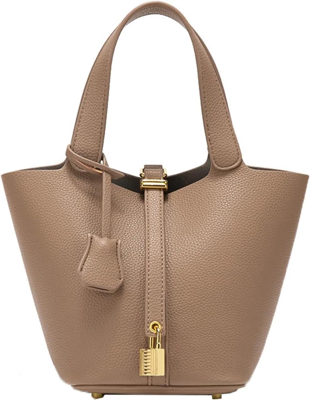 Handbag for Women Leather Vegetable Basket with Lock Bucket Bag Solid Color Tote Bag Fashion Genuine Leather
