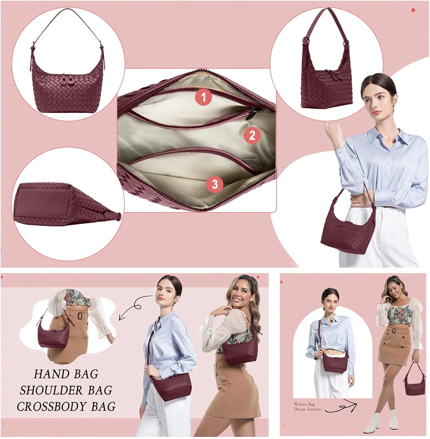 Handbag Shoulder Bags for Women Crossbody Tote Bags Woven Purse Clutch Women's Hobo Crescent Top-handle Adjustable