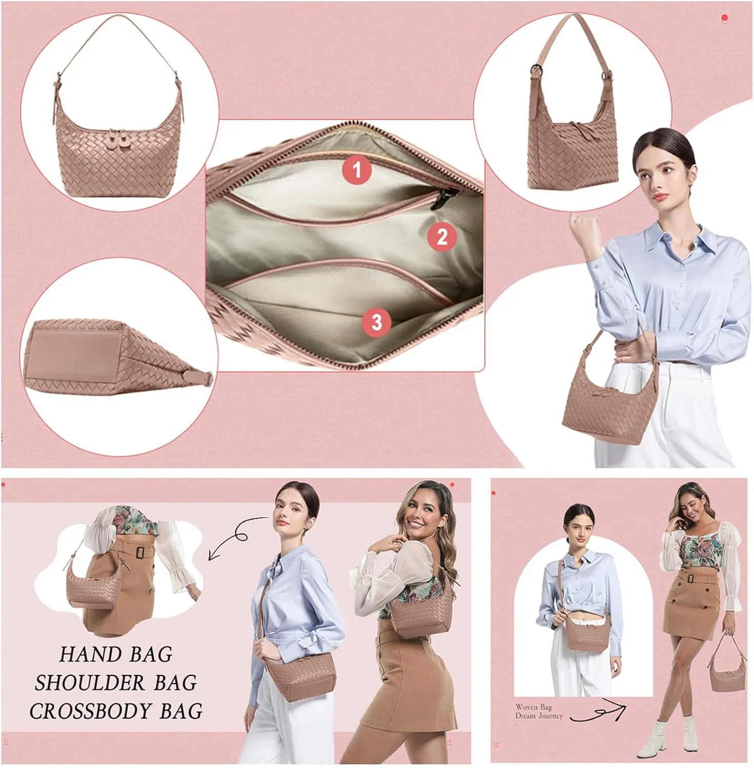 Handbag Shoulder Bags for Women Crossbody Tote Bags Woven Purse Clutch Women's Hobo Crescent Top-handle Adjustable