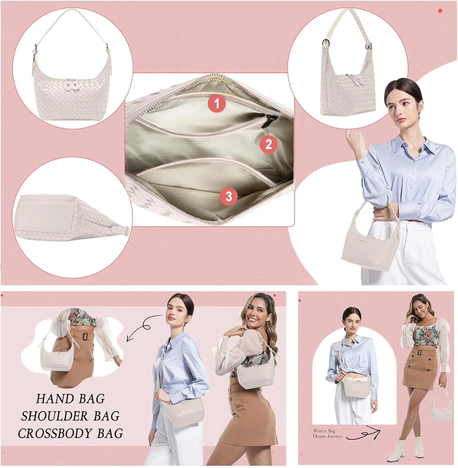 Handbag Shoulder Bags for Women Crossbody Tote Bags Woven Purse Clutch Women's Hobo Crescent Top-handle Adjustable