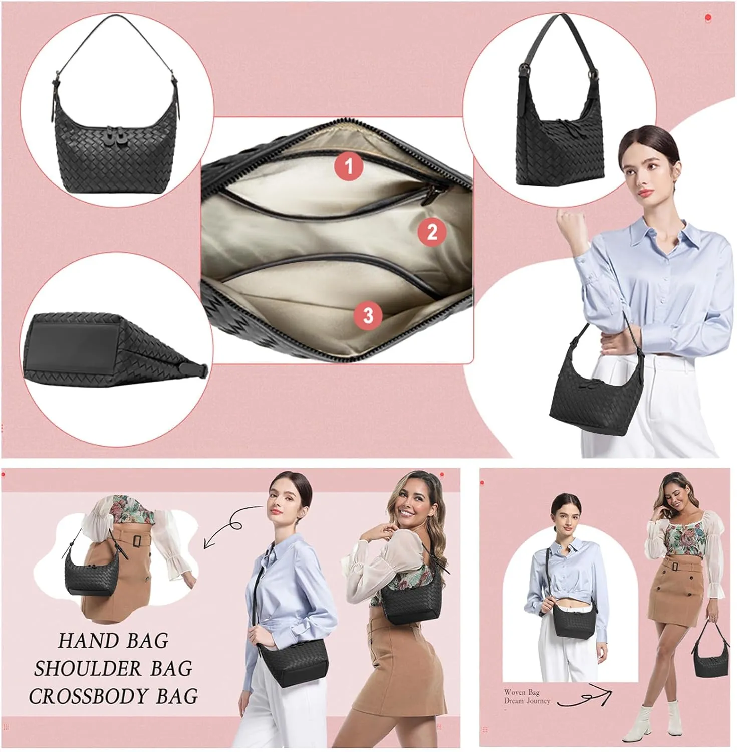Handbag Shoulder Bags for Women Crossbody Tote Bags Woven Purse Clutch Women's Hobo Crescent Top-handle Adjustable