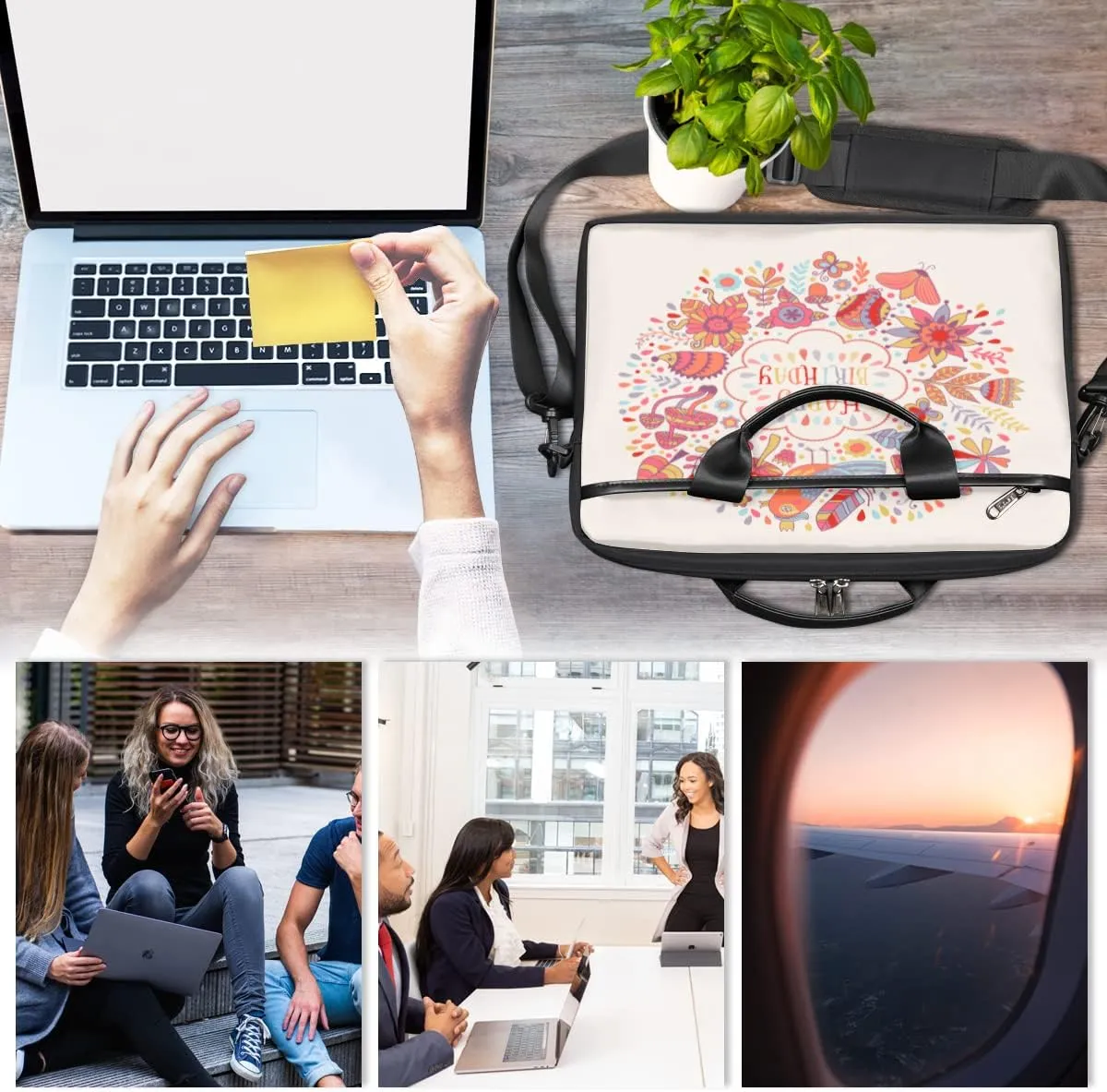 Happy Birthday Theme Pattern Laptop Shoulder Messenger Bag Waterproof Laptop Briefcase Handle Padded Strap
