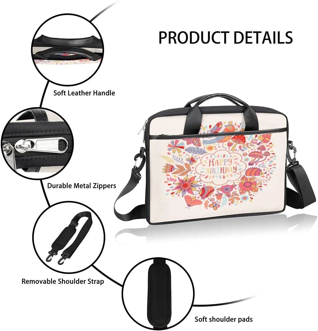 Happy Birthday Theme Pattern Laptop Shoulder Messenger Bag Waterproof Laptop Briefcase Handle Padded Strap