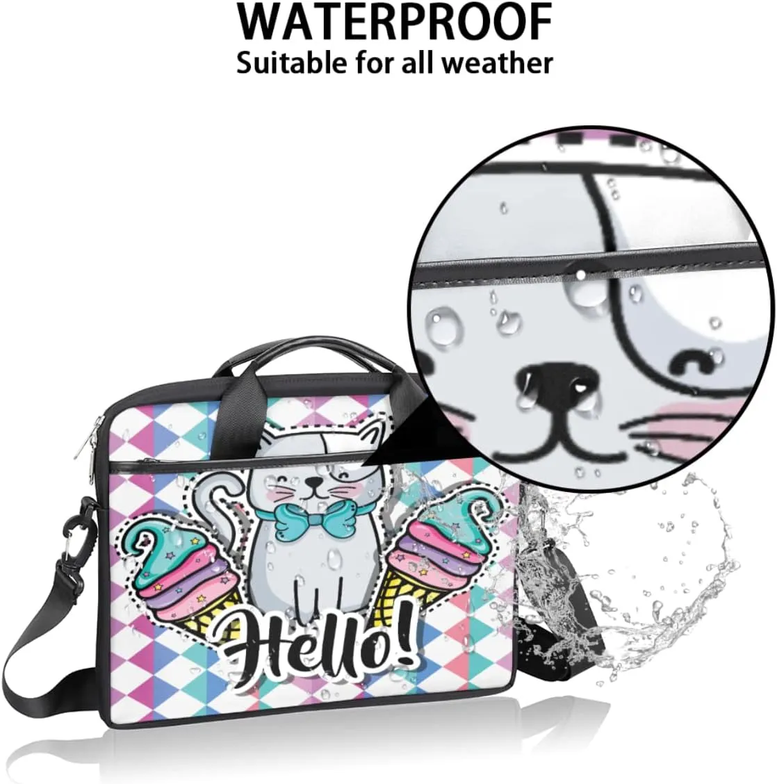 Hello Cat Laptop Shoulder Messenger Bag Waterproof Laptop Briefcase Handle Padded Strap