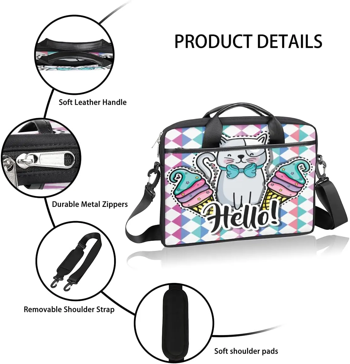 Hello Cat Laptop Shoulder Messenger Bag Waterproof Laptop Briefcase Handle Padded Strap
