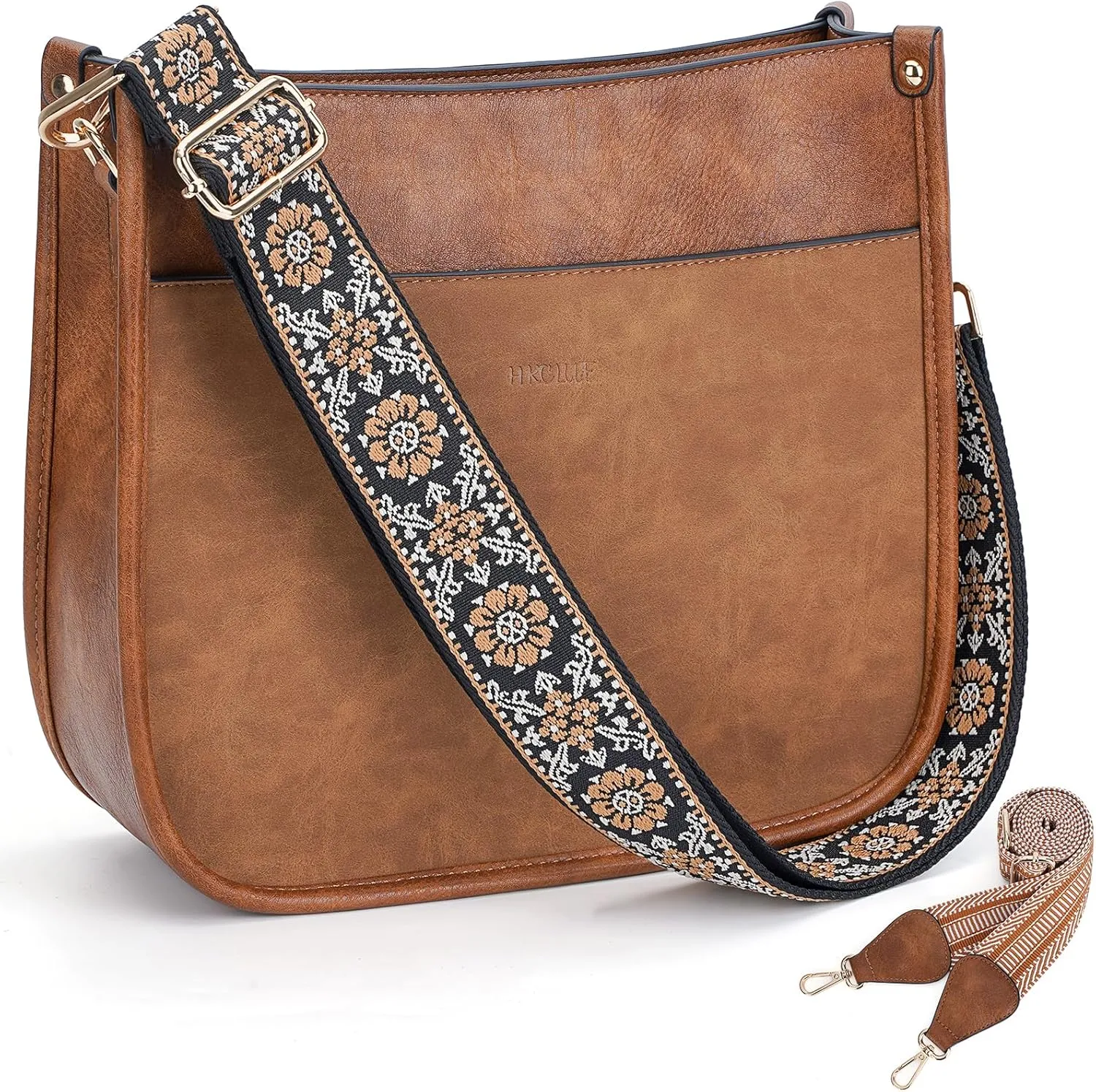 HKCLUF Crossbody Bags for Women Trendy Vegan Leather Hobo Handbags With 2PCS Adjustable Guitar Strap Shoulder Bucket Bags