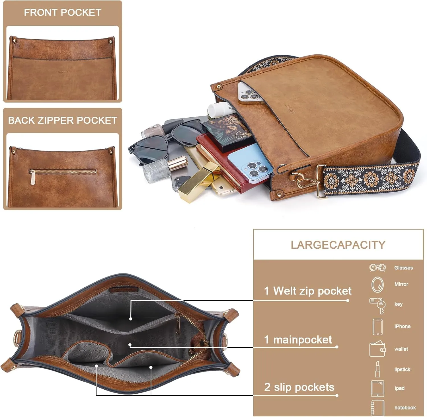 HKCLUF Crossbody Bags for Women Trendy Vegan Leather Hobo Handbags With 2PCS Adjustable Guitar Strap Shoulder Bucket Bags