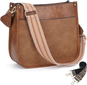 HKCLUF Crossbody Bags for Women Trendy Vegan Leather Hobo Handbags With 2PCS Adjustable Guitar Strap Shoulder Bucket Bags