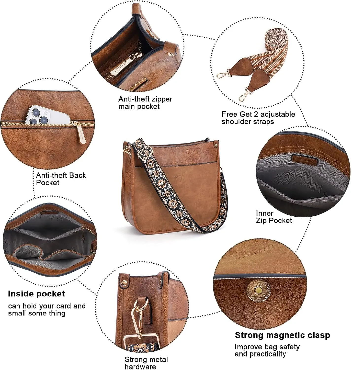 HKCLUF Crossbody Bags for Women Trendy Vegan Leather Hobo Handbags With 2PCS Adjustable Guitar Strap Shoulder Bucket Bags
