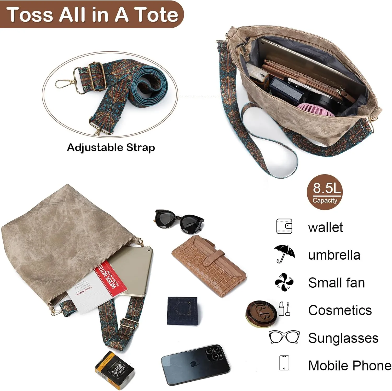Hobo Crossbody Bags for Women Slouchy Shoulder Bags with Retro Strap Small Vegan Leather Purses for Work, Travel
