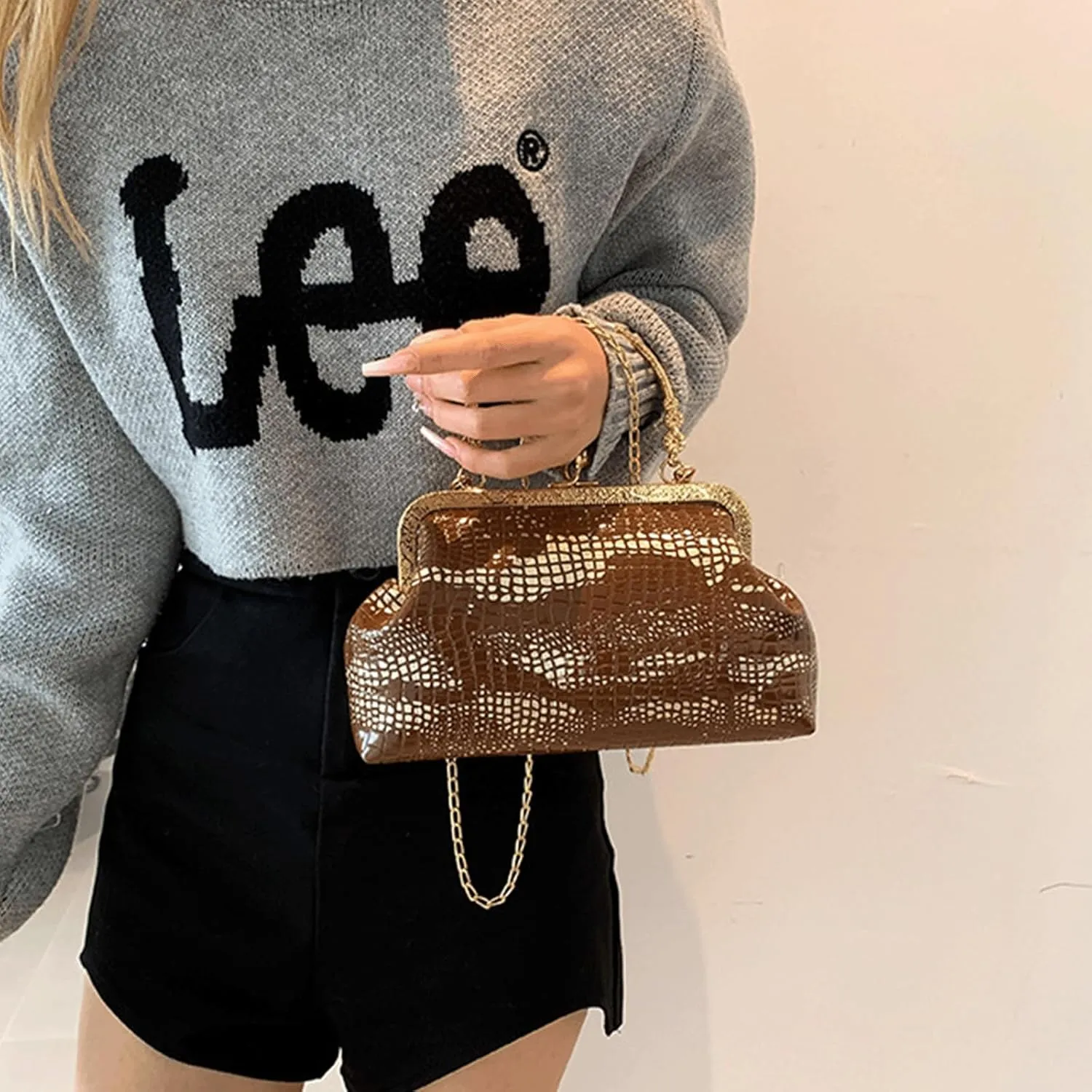 Kiss Lock Purse and Handbag for Women Glitter PU Crossbody Bag Medium Handbags Trendy Kiss Clasp Tote Shoulder Bags