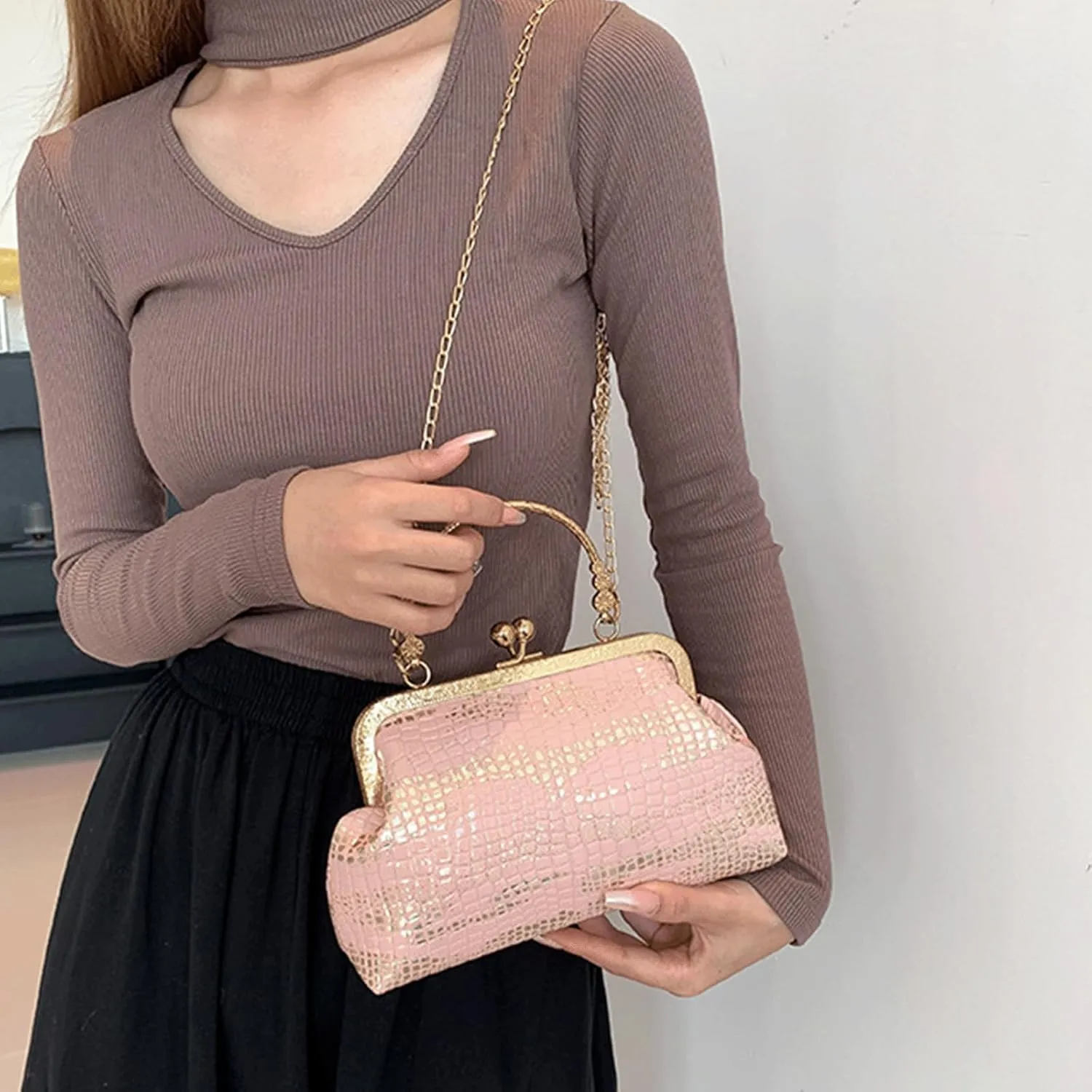 Kiss Lock Purse and Handbag for Women Glitter PU Crossbody Bag Medium Handbags Trendy Kiss Clasp Tote Shoulder Bags