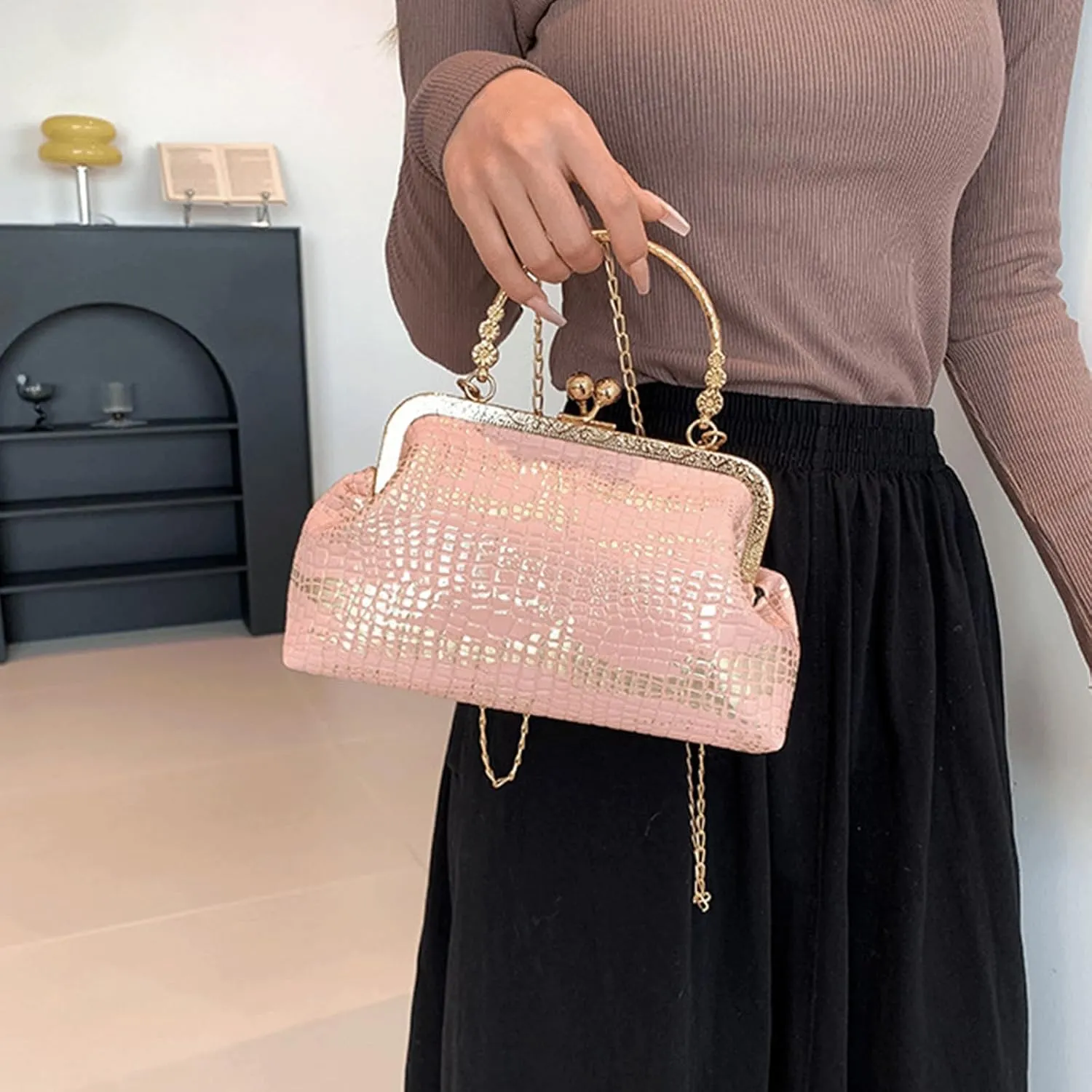 Kiss Lock Purse and Handbag for Women Glitter PU Crossbody Bag Medium Handbags Trendy Kiss Clasp Tote Shoulder Bags