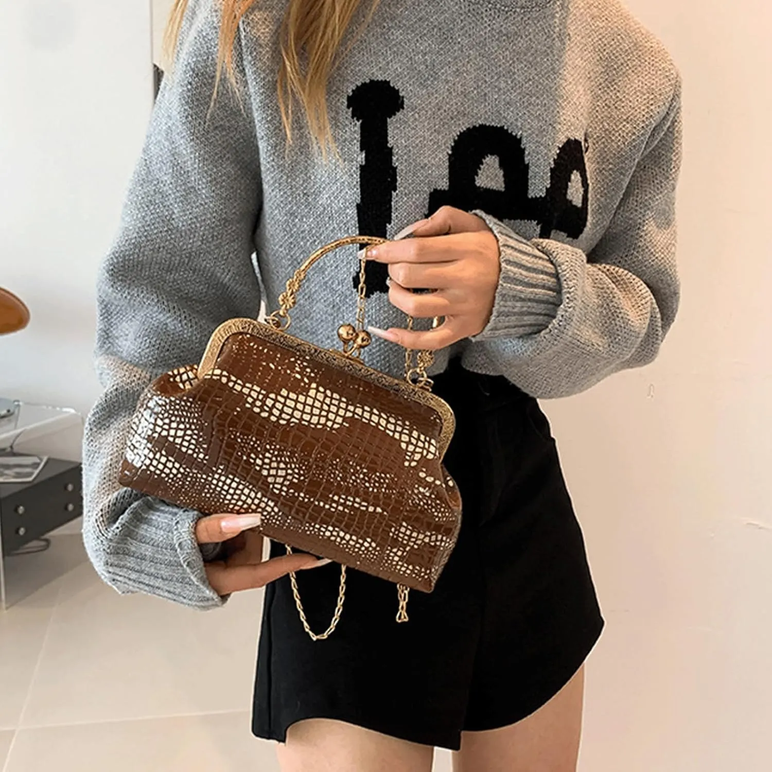 Kiss Lock Purse and Handbag for Women Glitter PU Crossbody Bag Medium Handbags Trendy Kiss Clasp Tote Shoulder Bags