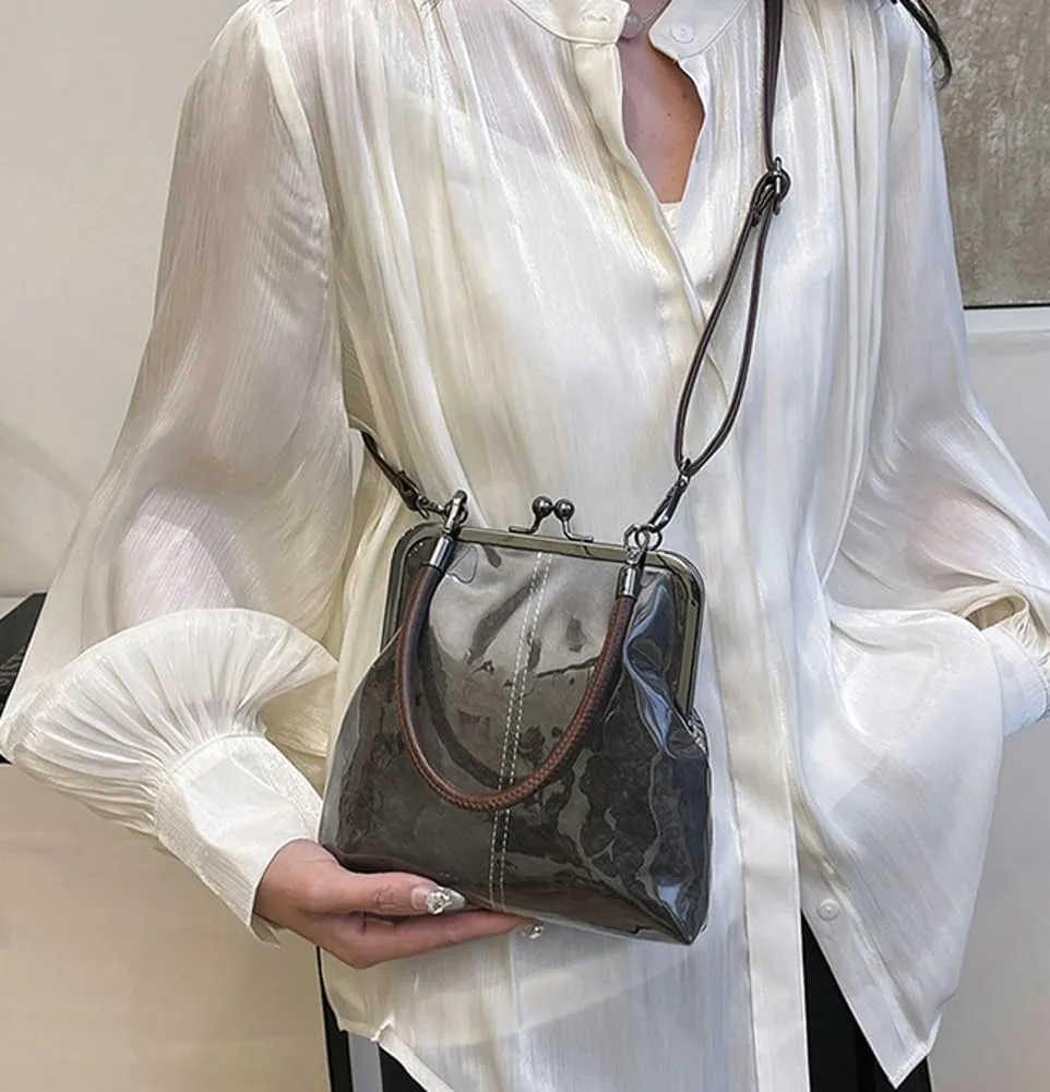 Kiss Lock Purses and Handbags for Women Small PVC Tote Bag Kraft Paper Crossbody Bag Clear Top Handle Purse Kisslock Satchel