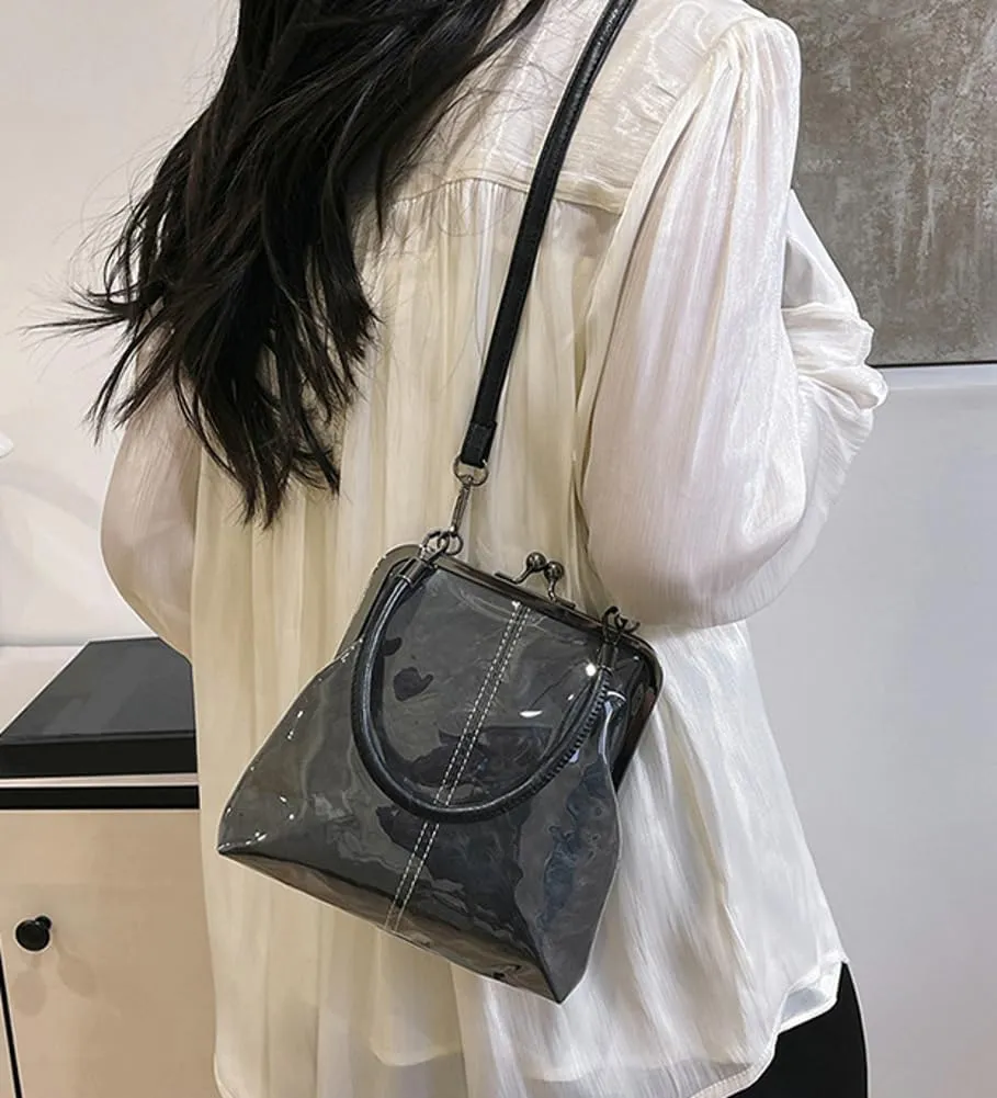 Kiss Lock Purses and Handbags for Women Small PVC Tote Bag Kraft Paper Crossbody Bag Clear Top Handle Purse Kisslock Satchel
