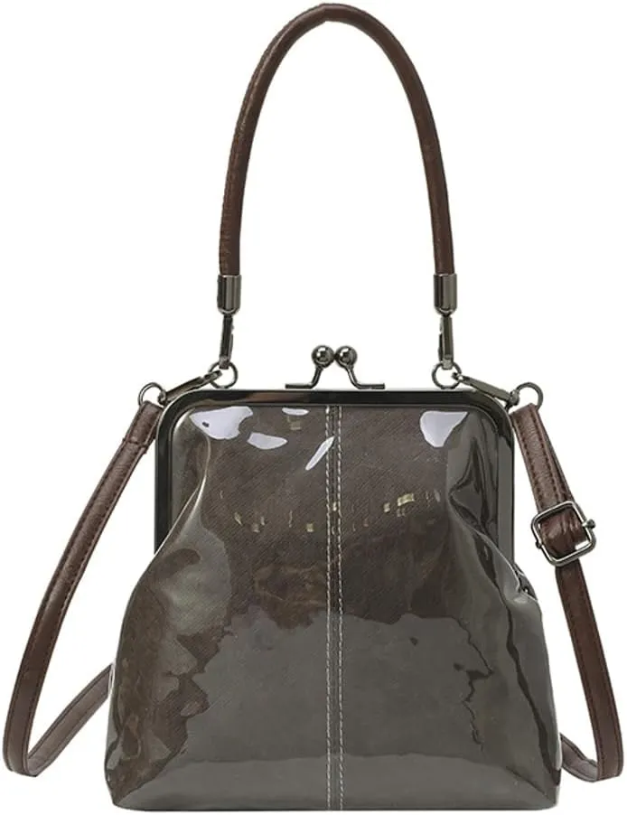 Kiss Lock Purses and Handbags for Women Small PVC Tote Bag Kraft Paper Crossbody Bag Clear Top Handle Purse Kisslock Satchel