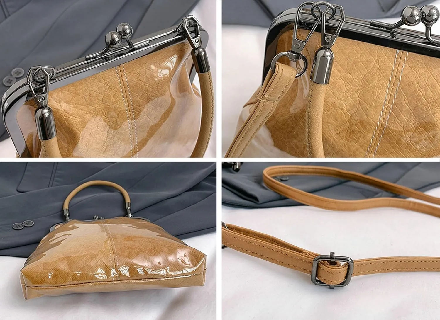 Kiss Lock Purses and Handbags for Women Small PVC Tote Bag Kraft Paper Crossbody Bag Clear Top Handle Purse Kisslock Satchel