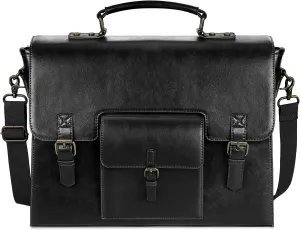Leather Messenger Bag for Men Women 15.6 Inch Waterproof Vintage Leather Laptop Briefcase Large Satchel Shoulder Bag Office Travel College Computer Laptop Bag, Black