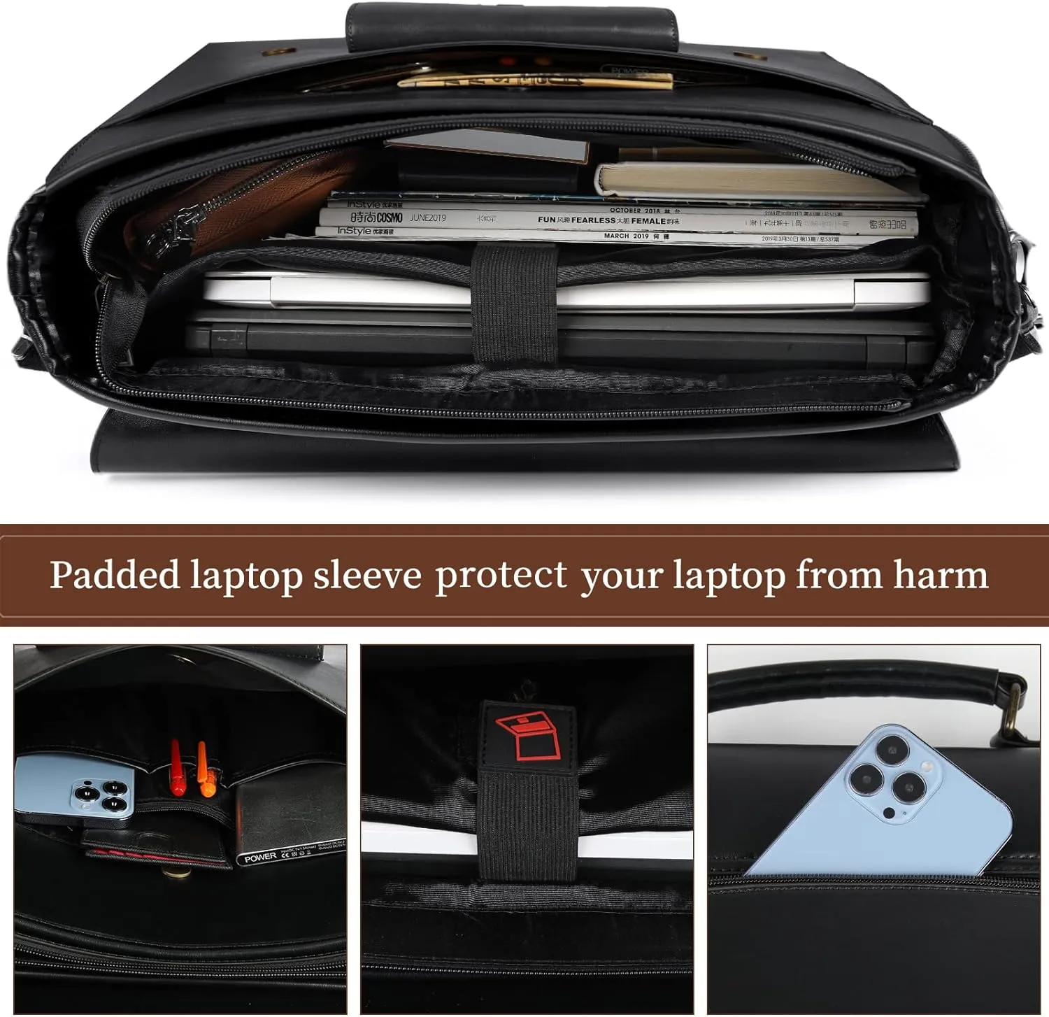 Leather Messenger Bag for Men Women 15.6 Inch Waterproof Vintage Leather Laptop Briefcase Large Satchel Shoulder Bag Office Travel College Computer Laptop Bag, Black