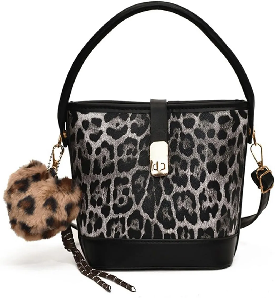 Leopard Purse Cheetah Print Urban Mini Bucket Bag Heart Charm Crossbody Buckle Vintage Purse for Girls