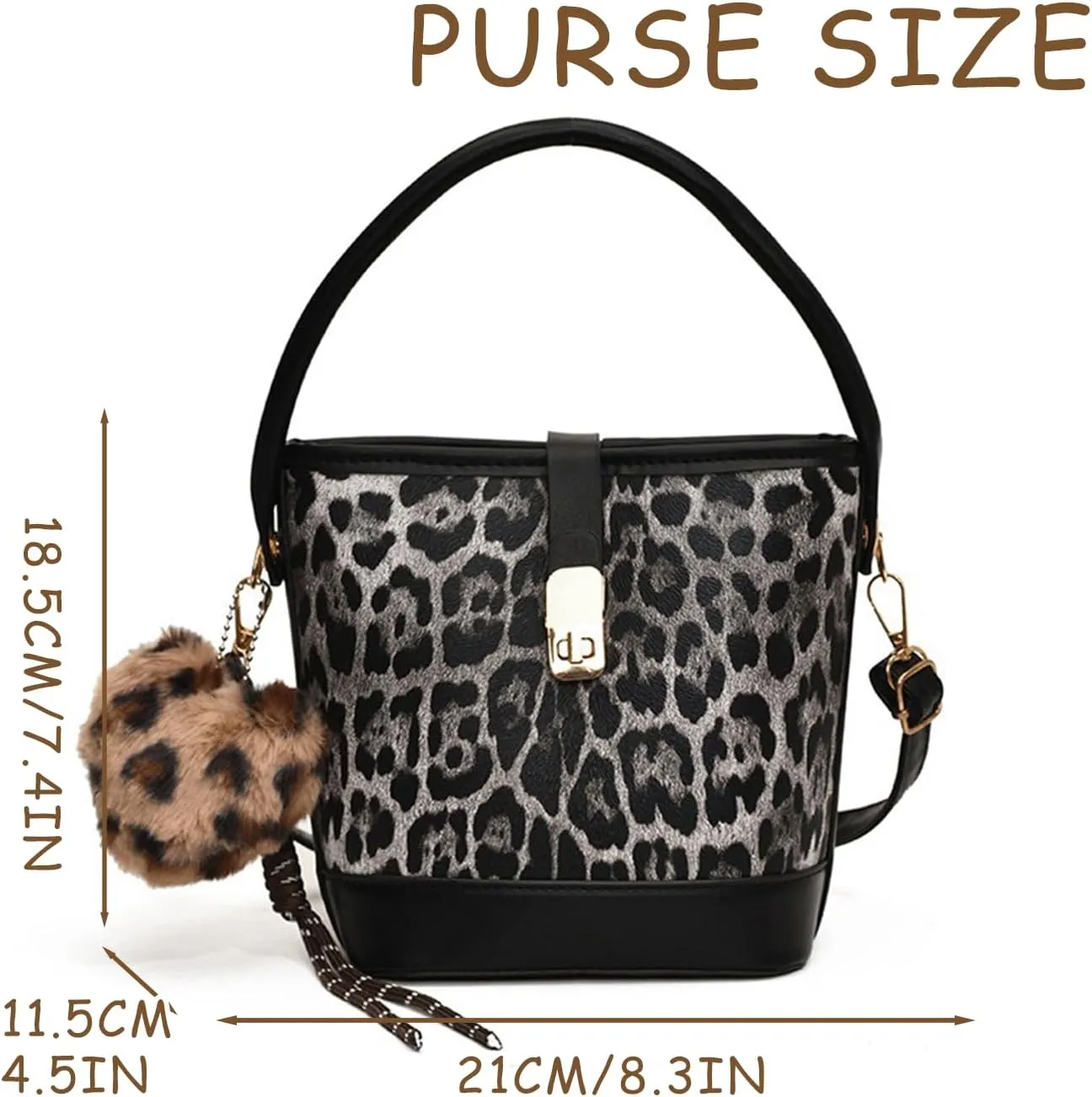 Leopard Purse Cheetah Print Urban Mini Bucket Bag Heart Charm Crossbody Buckle Vintage Purse for Girls