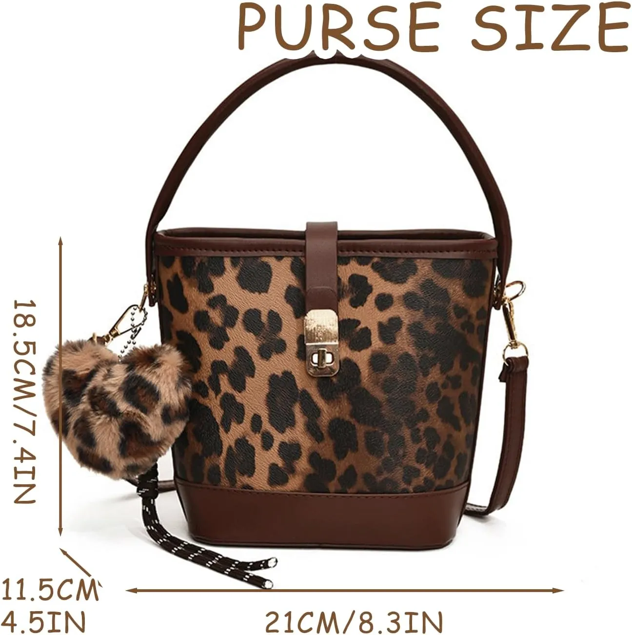 Leopard Purse Cheetah Print Urban Mini Bucket Bag Heart Charm Crossbody Buckle Vintage Purse for Girls