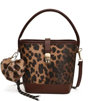 Leopard Purse Cheetah Print Urban Mini Bucket Bag Heart Charm Crossbody Buckle Vintage Purse for Girls