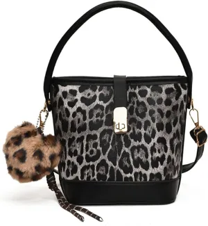 Leopard Purse Cheetah Print Urban Mini Bucket Bag Heart Charm Crossbody Buckle Vintage Purse for Girls