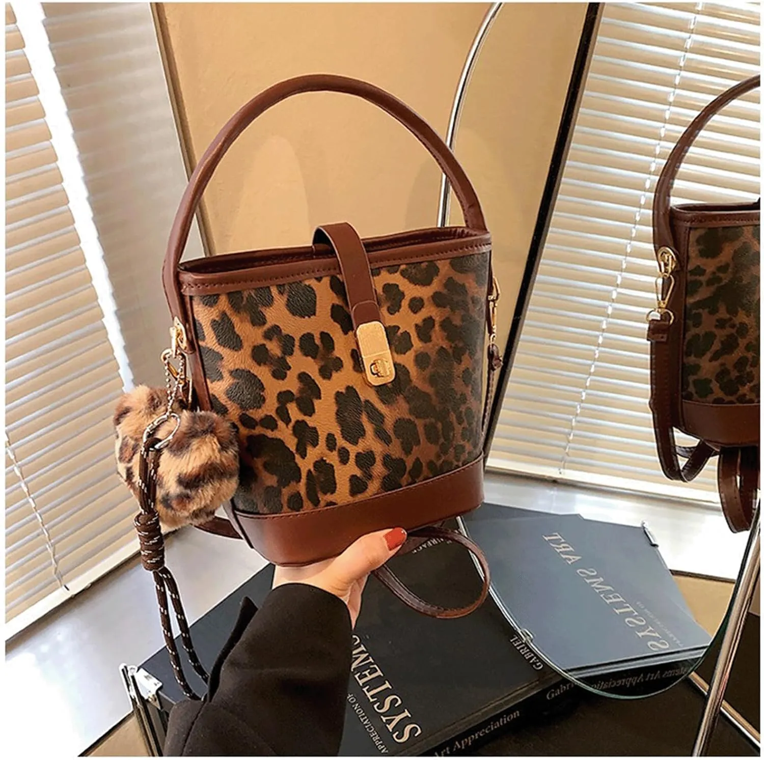 Leopard Purse Cheetah Print Urban Mini Bucket Bag Heart Charm Crossbody Buckle Vintage Purse for Girls