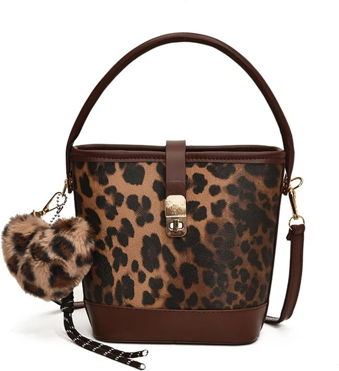 Leopard Purse Cheetah Print Urban Mini Bucket Bag Heart Charm Crossbody Buckle Vintage Purse for Girls