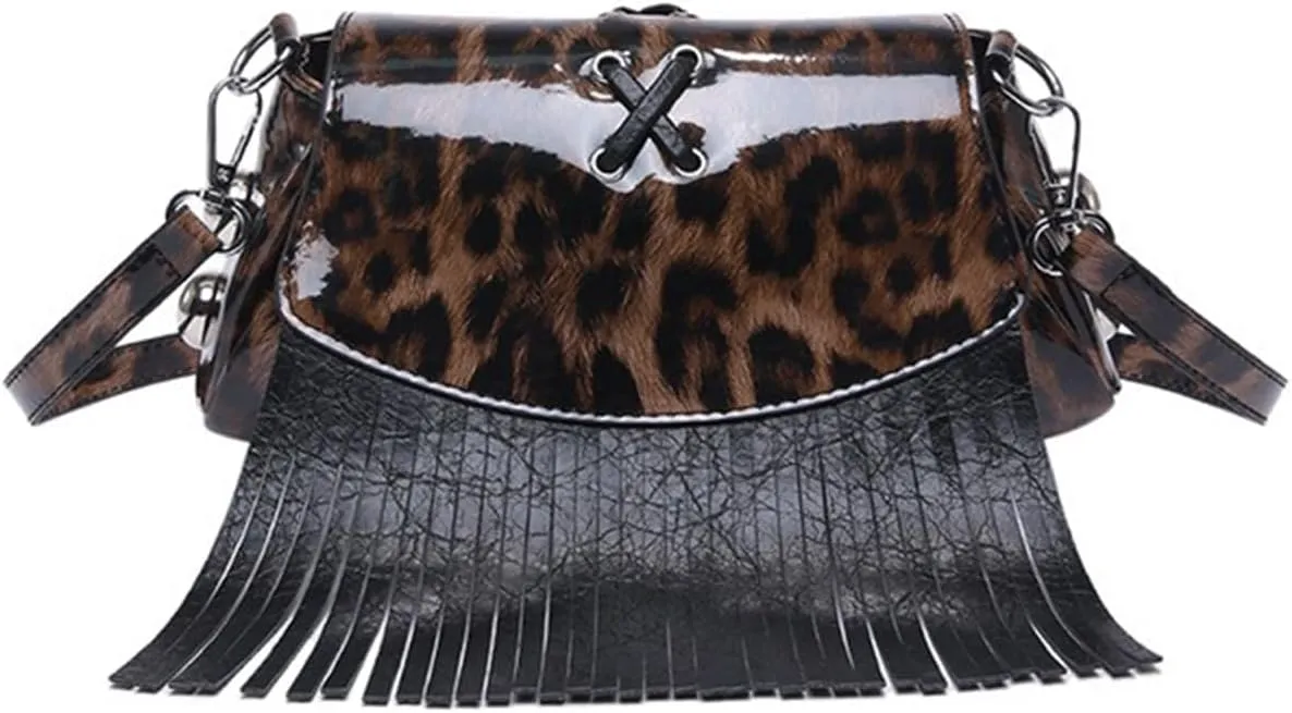 Leopard Purse Fringe Cheetah Print Shoulder Bag Faux Leather Crossbody Purse with Tassels Y2K Mini Handbag for Party