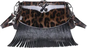 Leopard Purse Fringe Cheetah Print Shoulder Bag Faux Leather Crossbody Purse with Tassels Y2K Mini Handbag for Party